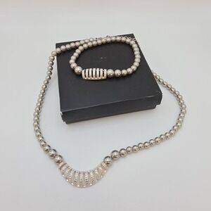 New! SAQ Necklace Bracelet Set Silver Tone Ball Bead 20" Stretch Bracelet In Box